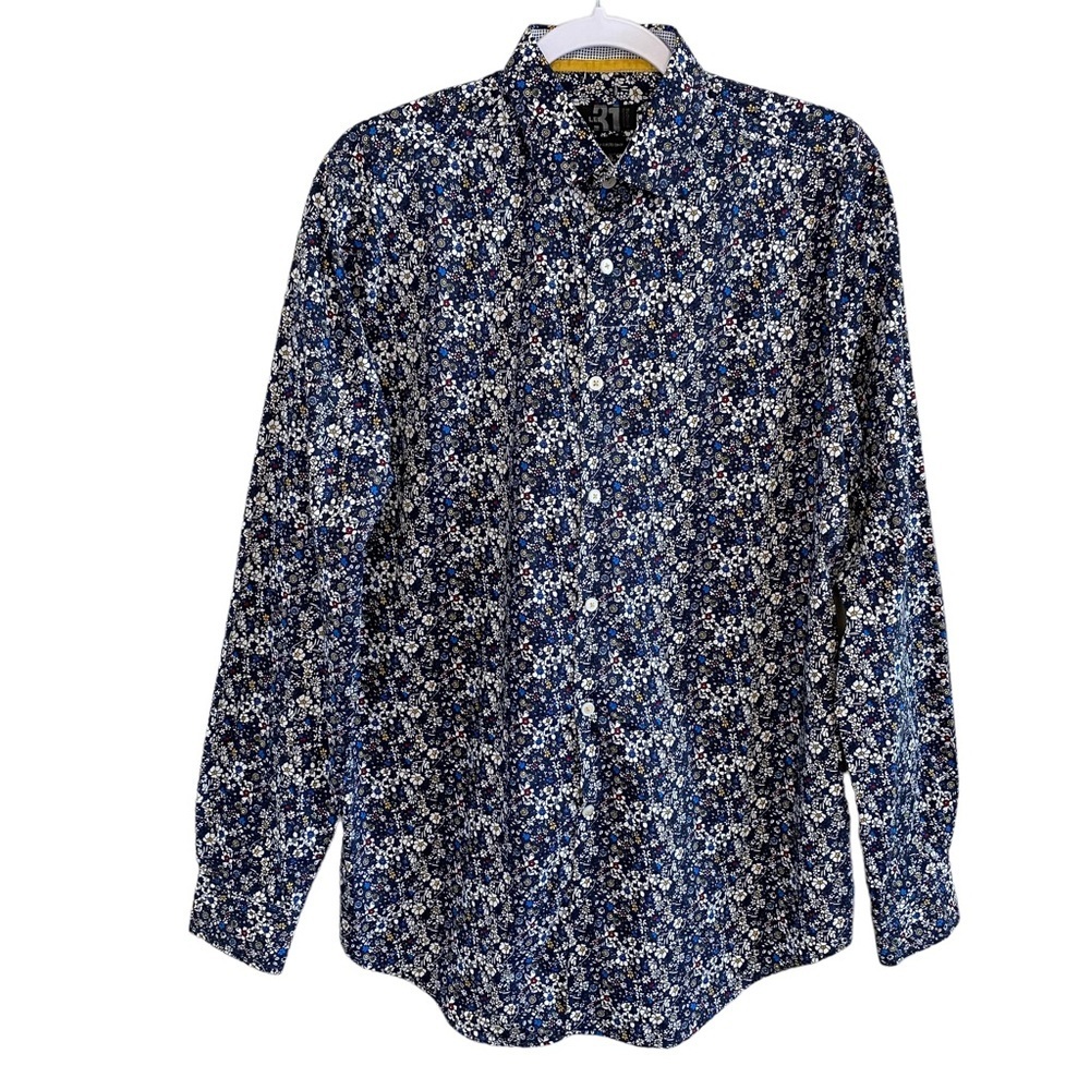 men's LE 31 navy floral button down shirt large